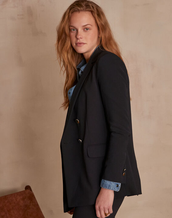 Florine long navy microfibre double-breasted jacket | 1-2-3 Florine long navy microfibre double-breasted jacket PhotoZ | 1-2-3