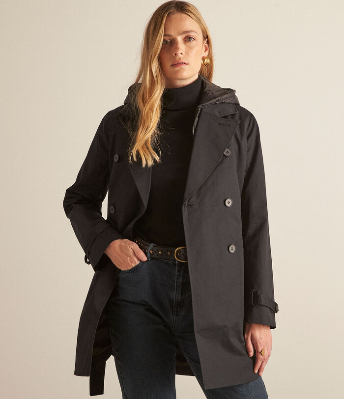 Mady short black hooded trench