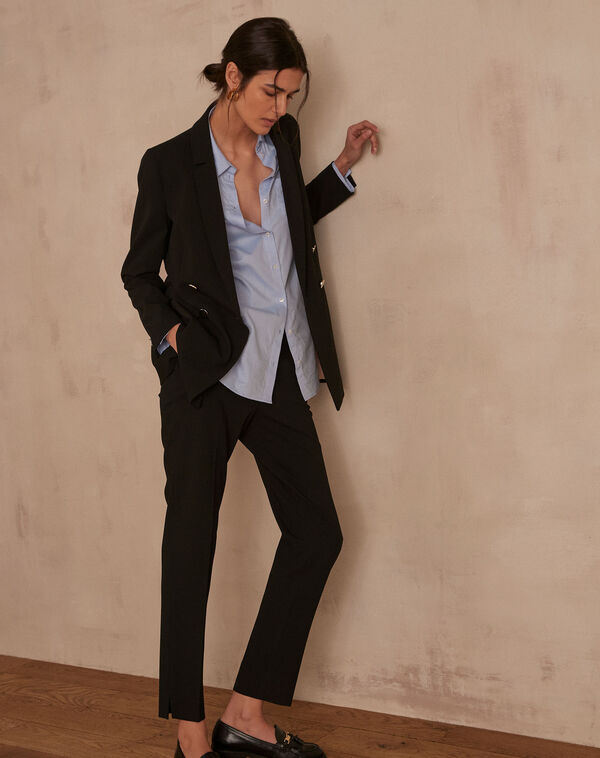 Florine microfibre long black double-breasted jacket black.