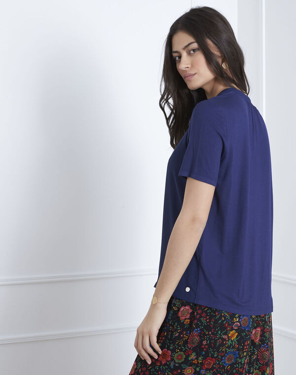 Viola navy blouse with laced neckline ink.