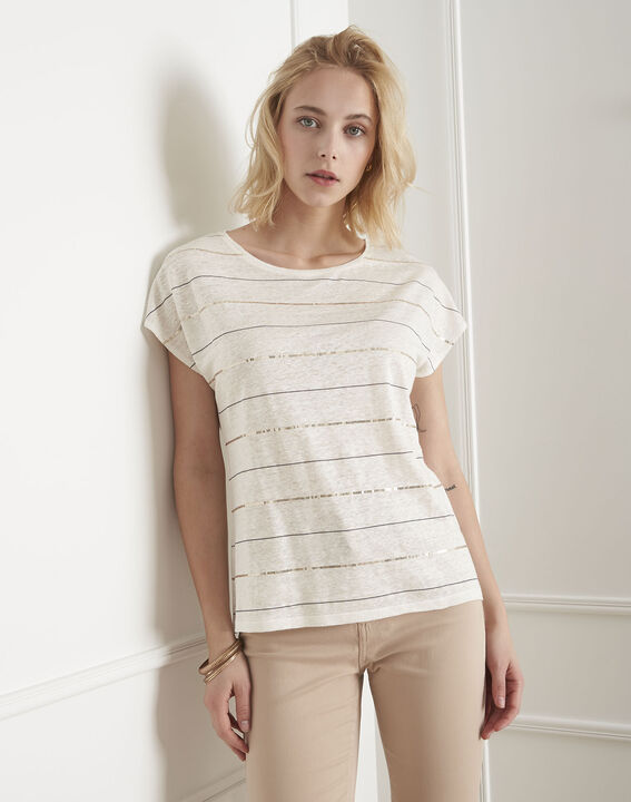 Palmyre ecru striped sequinned T-shirt | 1-2-3 Palmyre ecru striped sequinned T-shirt PhotoZ | 1-2-3