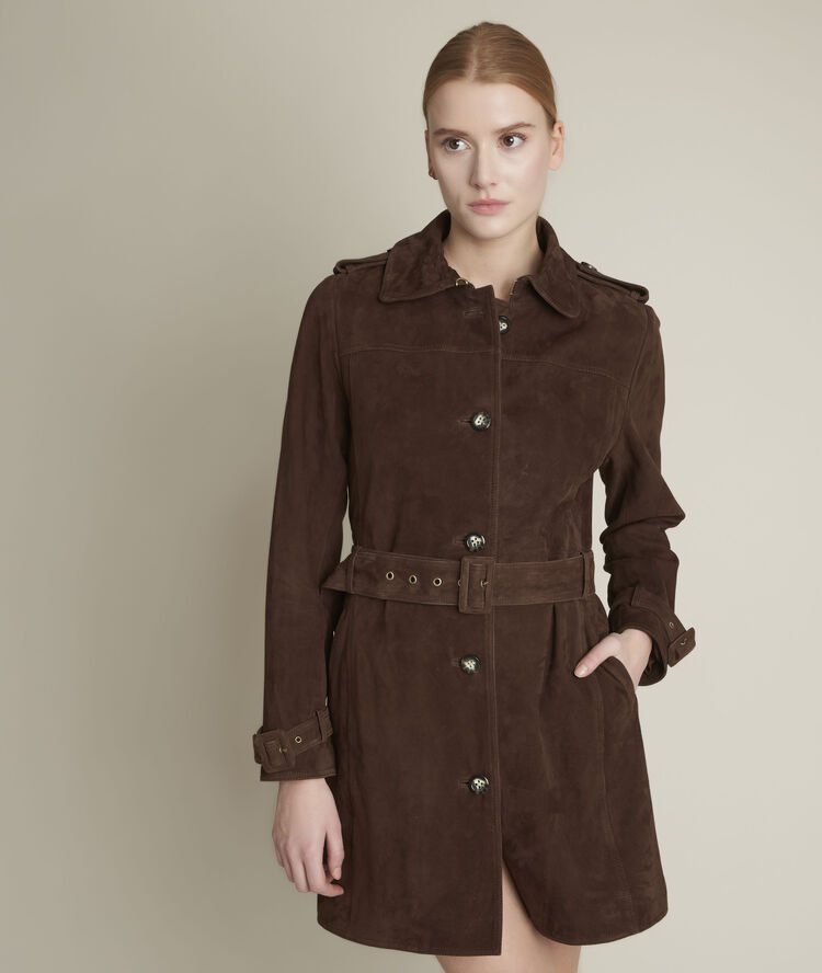 Qleo ebony suede leather trench coat greige.