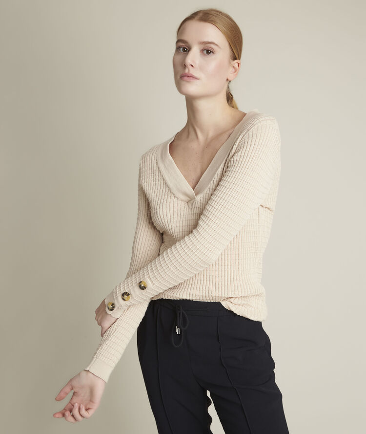 Dolmen beige pullover in recycled polyester greige.
