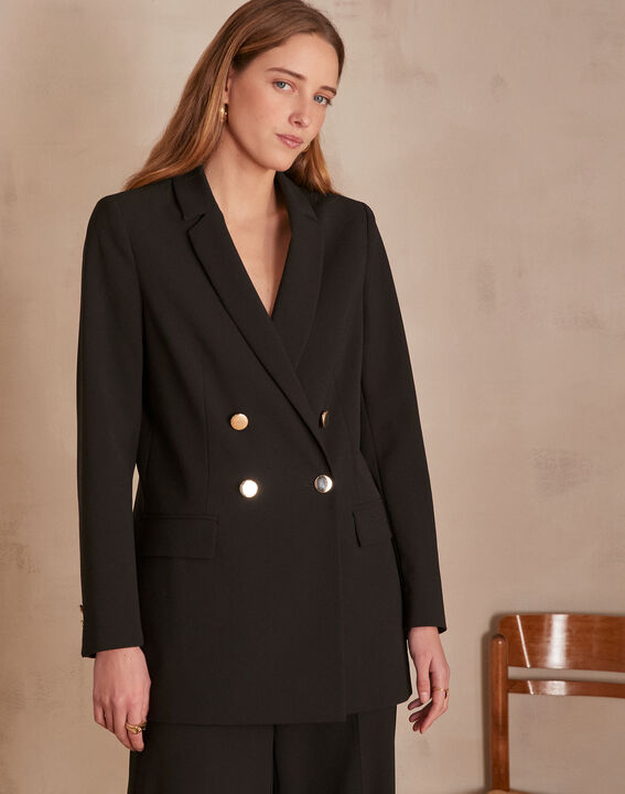 Florine microfibre long black double-breasted jacket | 1-2-3 Florine microfibre long black double-breasted jacket PhotoZ | 1-2-3