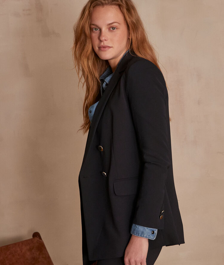 Florine long microfibre jacket navy blue.