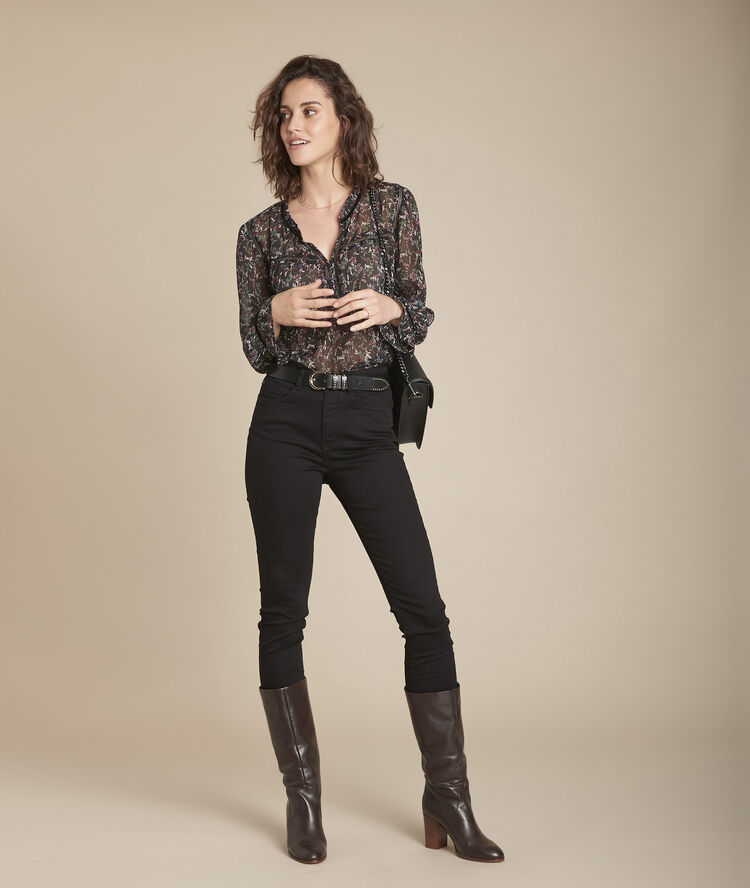 Marcelline black bias-cut floral print velvet blouse black.