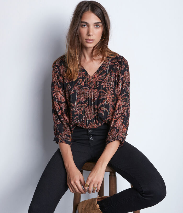 Tolly black and orange printed loose-fitting blouse