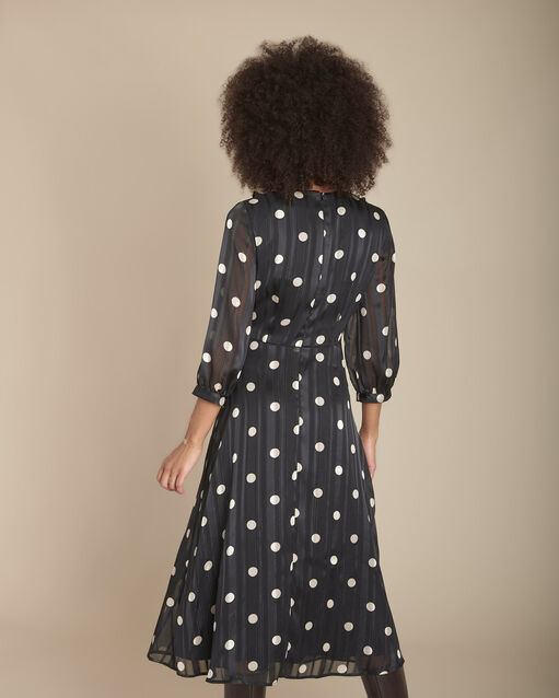 Renata black polka dot dress with ruffled neck black.