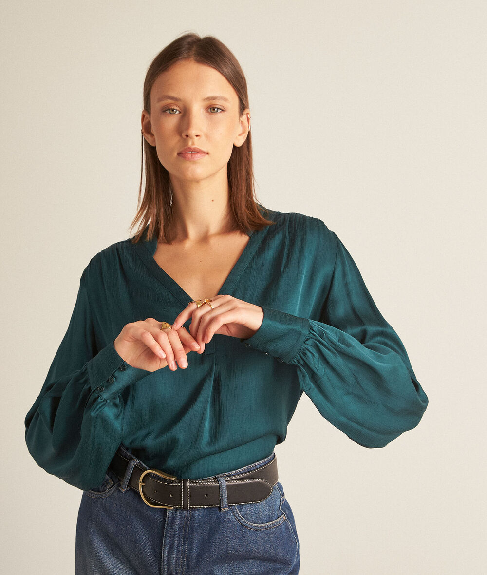 Chlea dark green satin-finish blouse PhotoZ | 1-2-3
