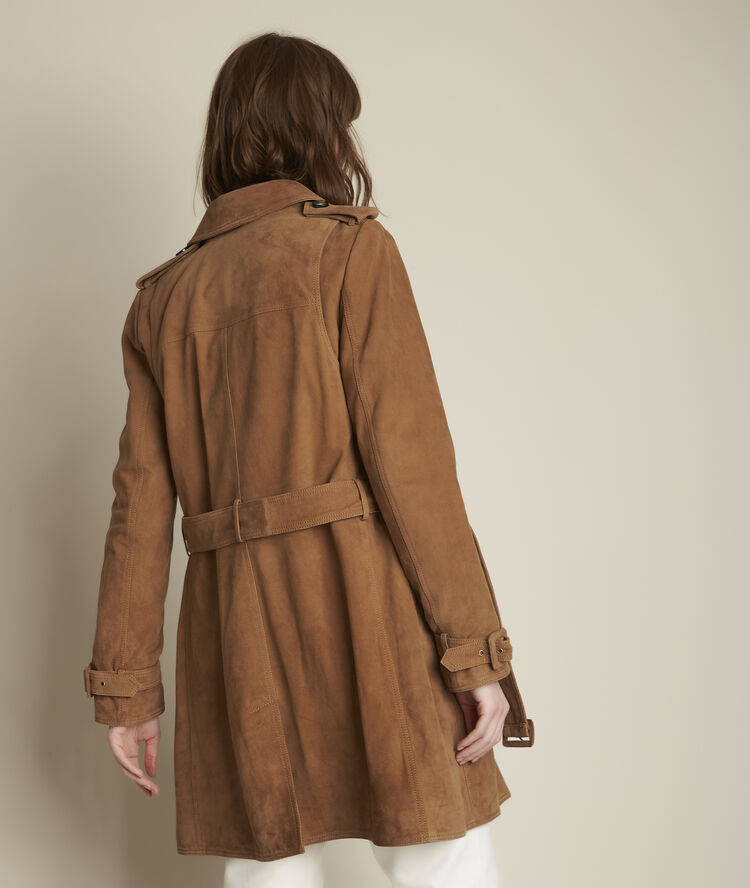 Qleo tan suede leather trench coat greige.