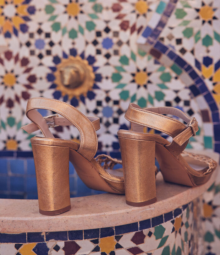 Valeska high-heeled gold caned-leather sandals PhotoZ | 1-2-3