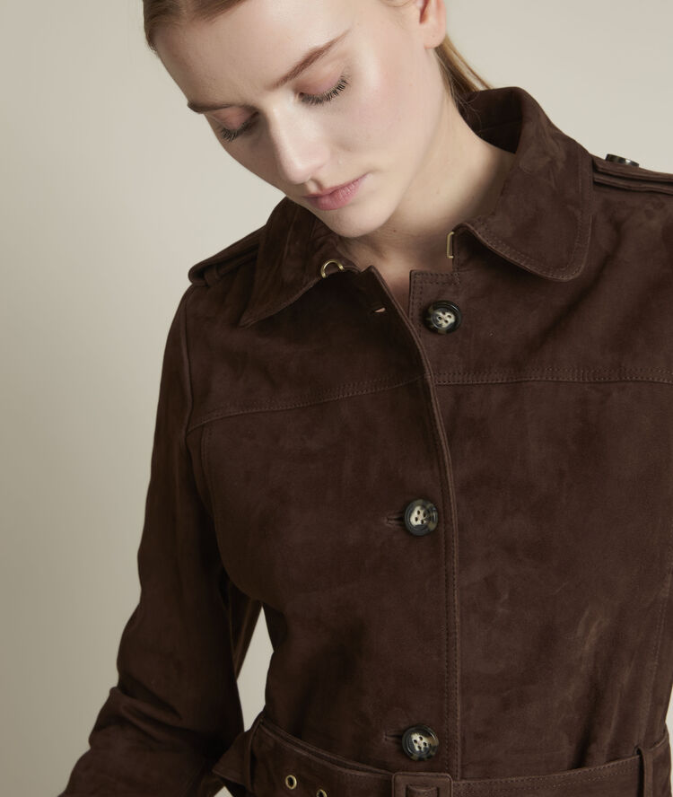 Qleo ebony suede leather trench coat greige.