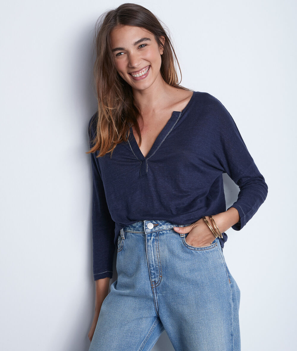 Ilea blue linen top encre.