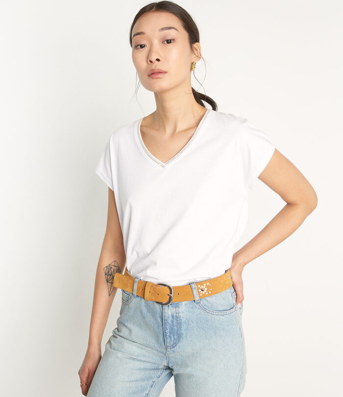 Myrtille white organic-cotton T-shirt with embroidered collar