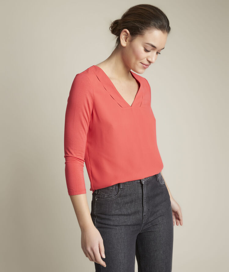 Eliott coral top in two fabrics coral.