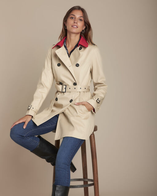 Quoralie havana brown short trench with contrasting collar camel.