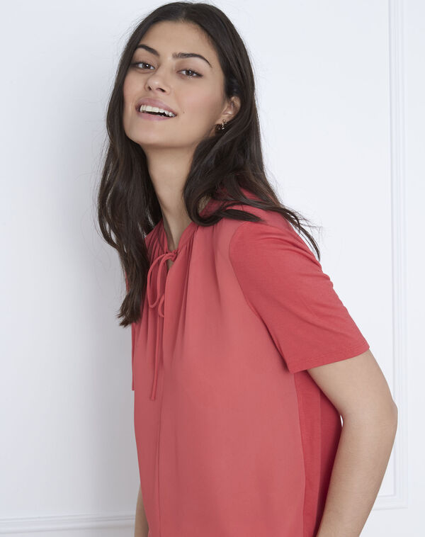 Viola navy blouse with laced neckline raspberry.