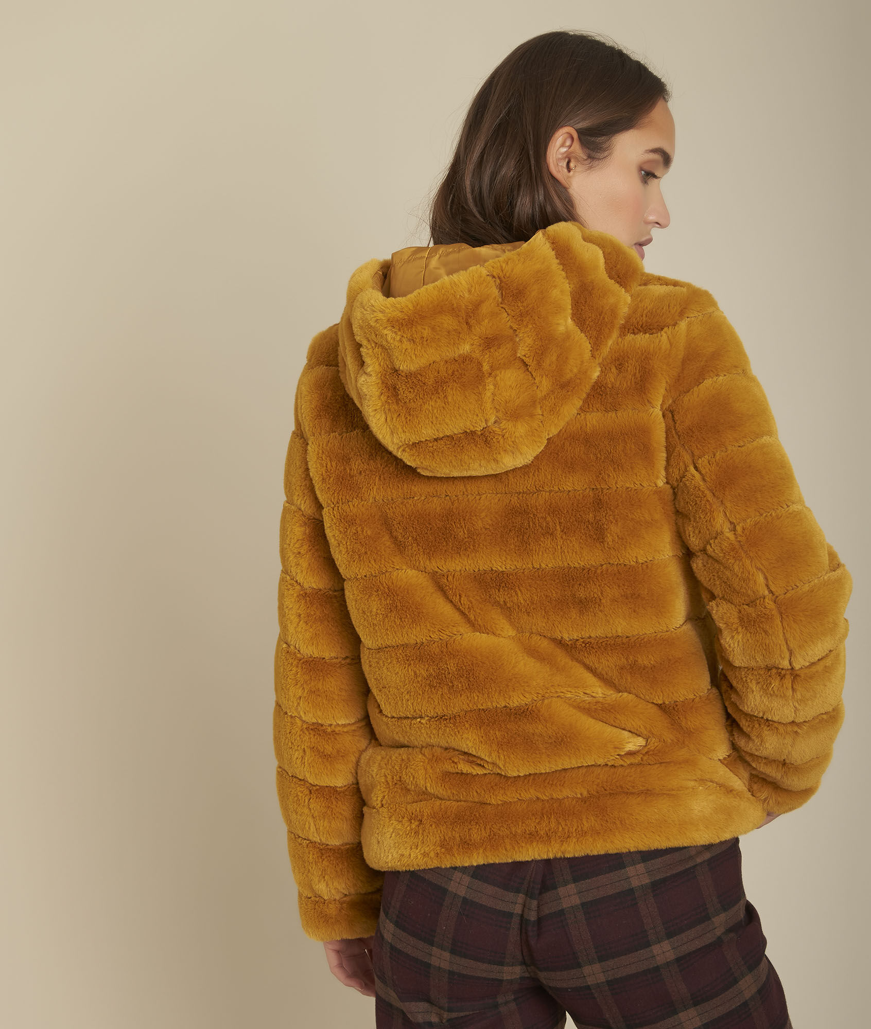 long ochre faux fur coat