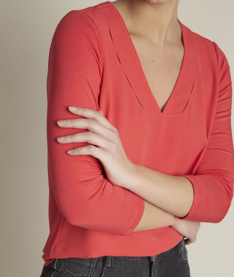 Eliott coral top in two fabrics coral.