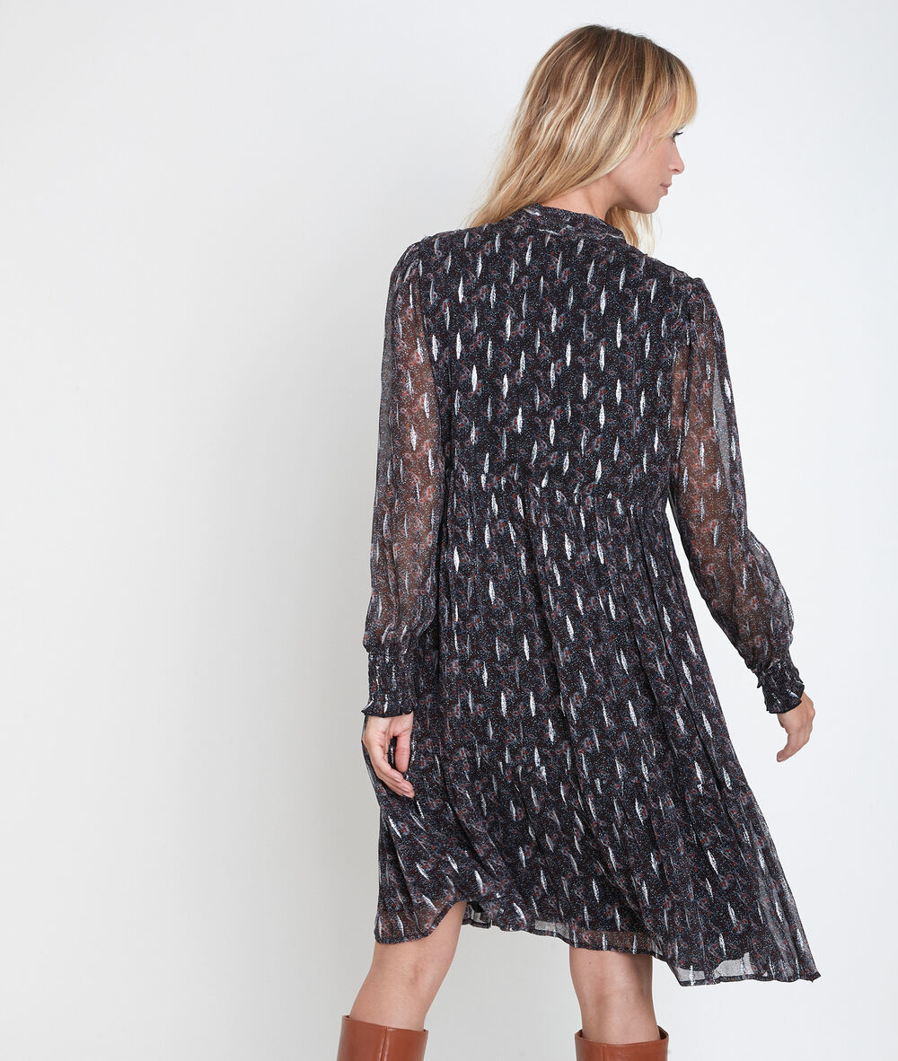 Nikki printed dress with ascot tie noir.