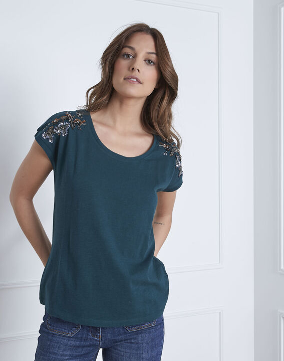 Paola dark green embroidered T-shirt | 1-2-3 Paola dark green embroidered T-shirt PhotoZ | 1-2-3