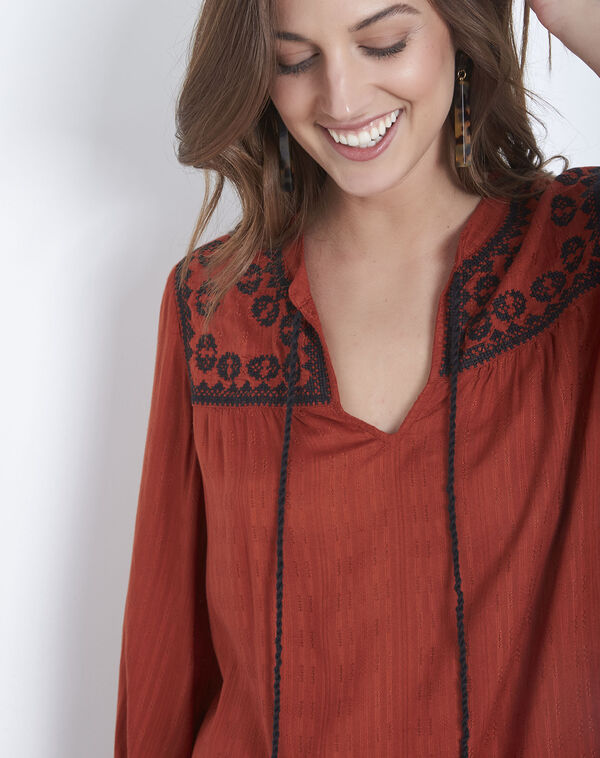 Vadim mahogany embroidered blouse with pompoms terracotta.