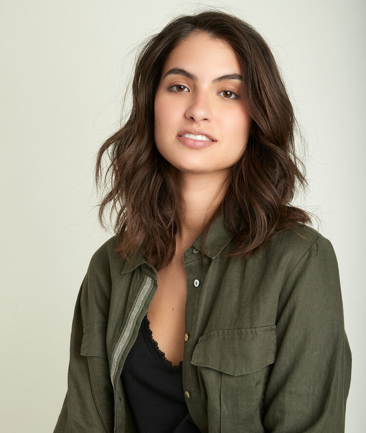 Cathleen leaf green linen shirt almond.