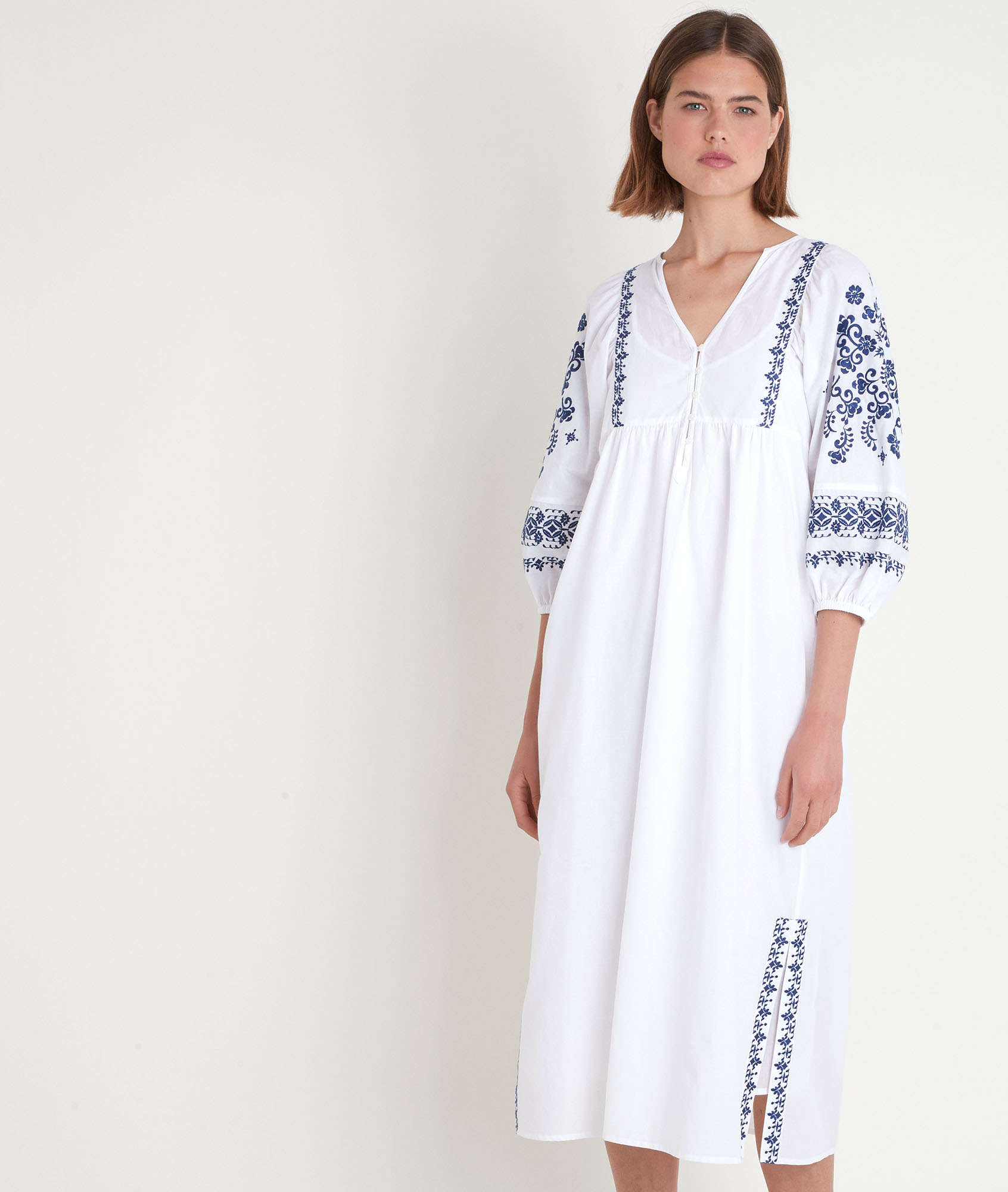 long white embroidered dress