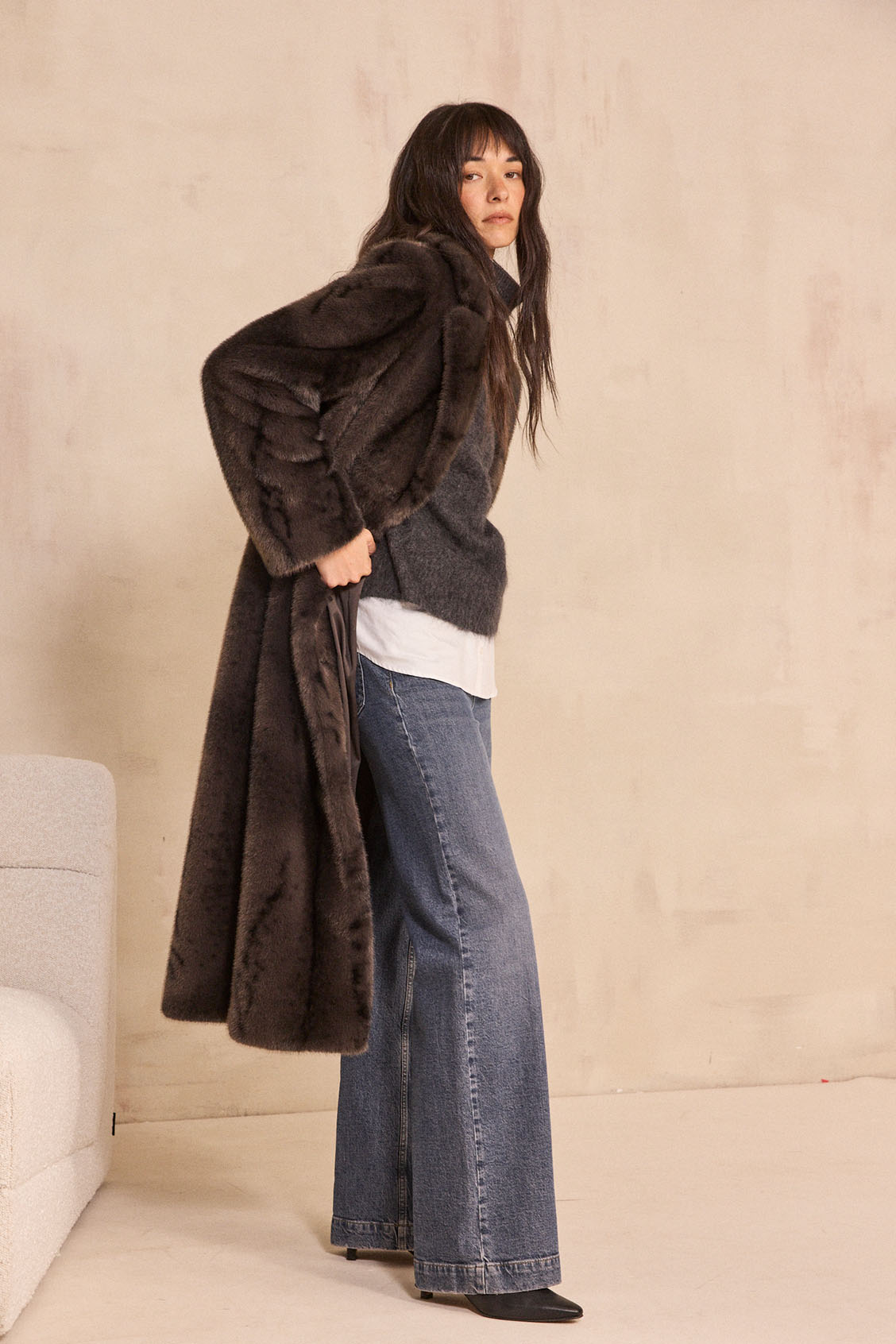 Long fur effect coat CLARISSE woman | ANTHRACITE | Maison 123