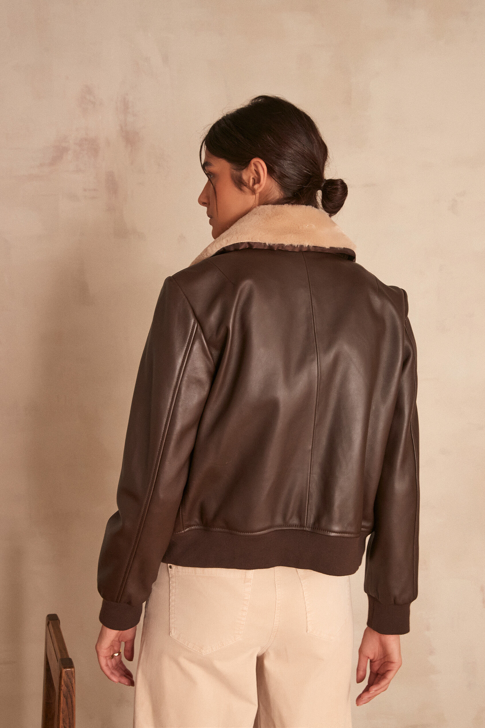 leather aviator jacket with shearling collar