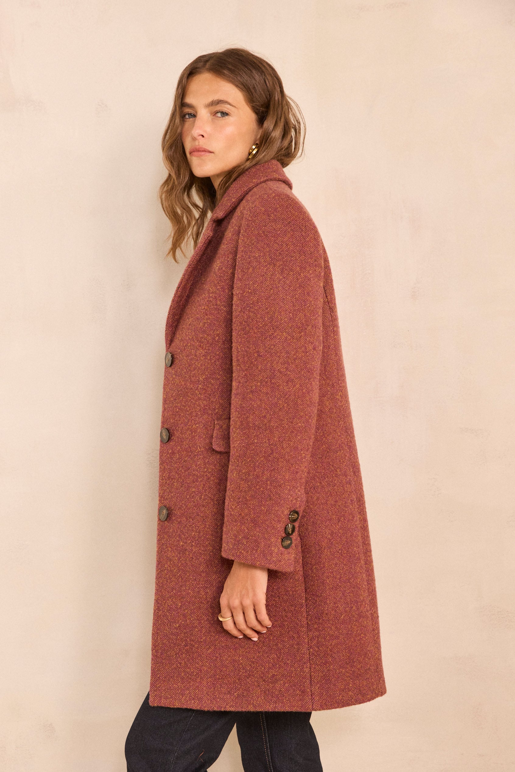 Anabelle long sleeve mixed wool coat woman | DARK PINK | Maison 123