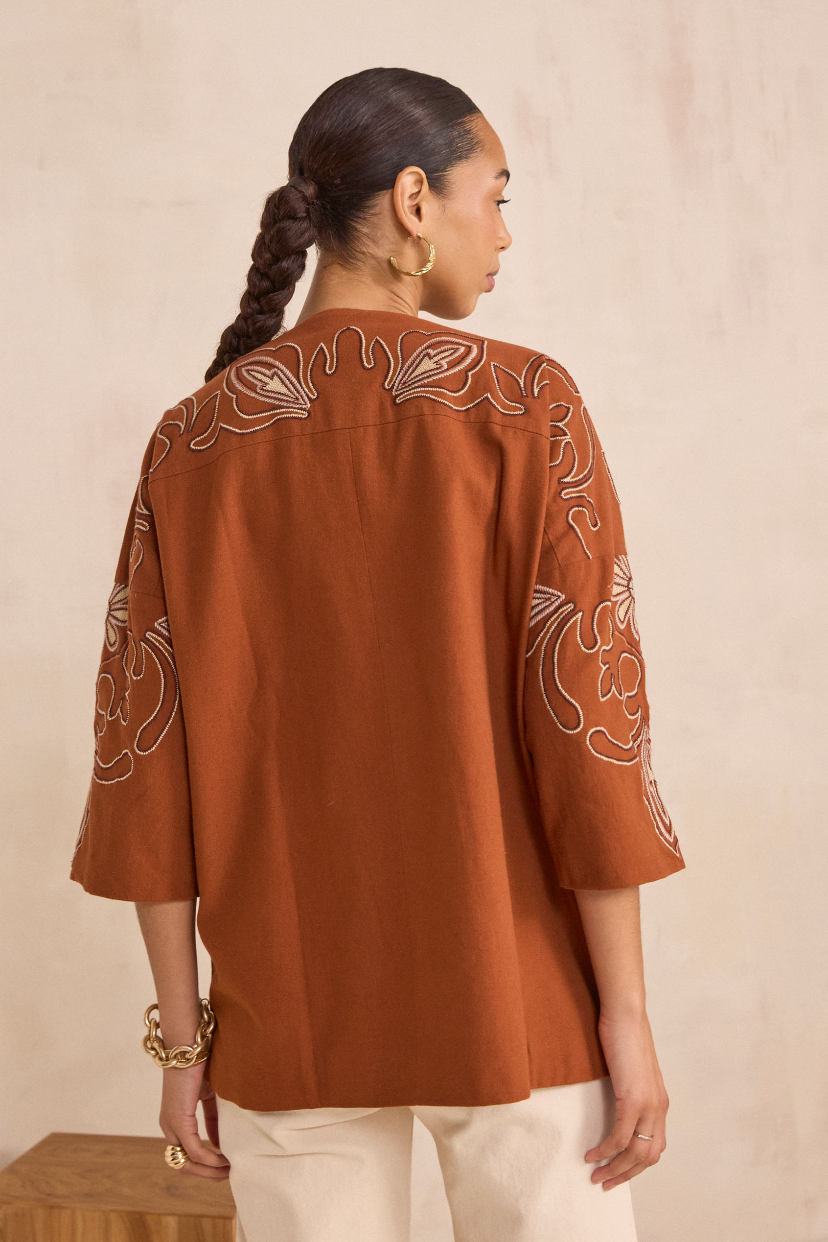 Embroidered 3/4 Sleeve Cotton Jacket VIRGINIA woman | TOFFEE