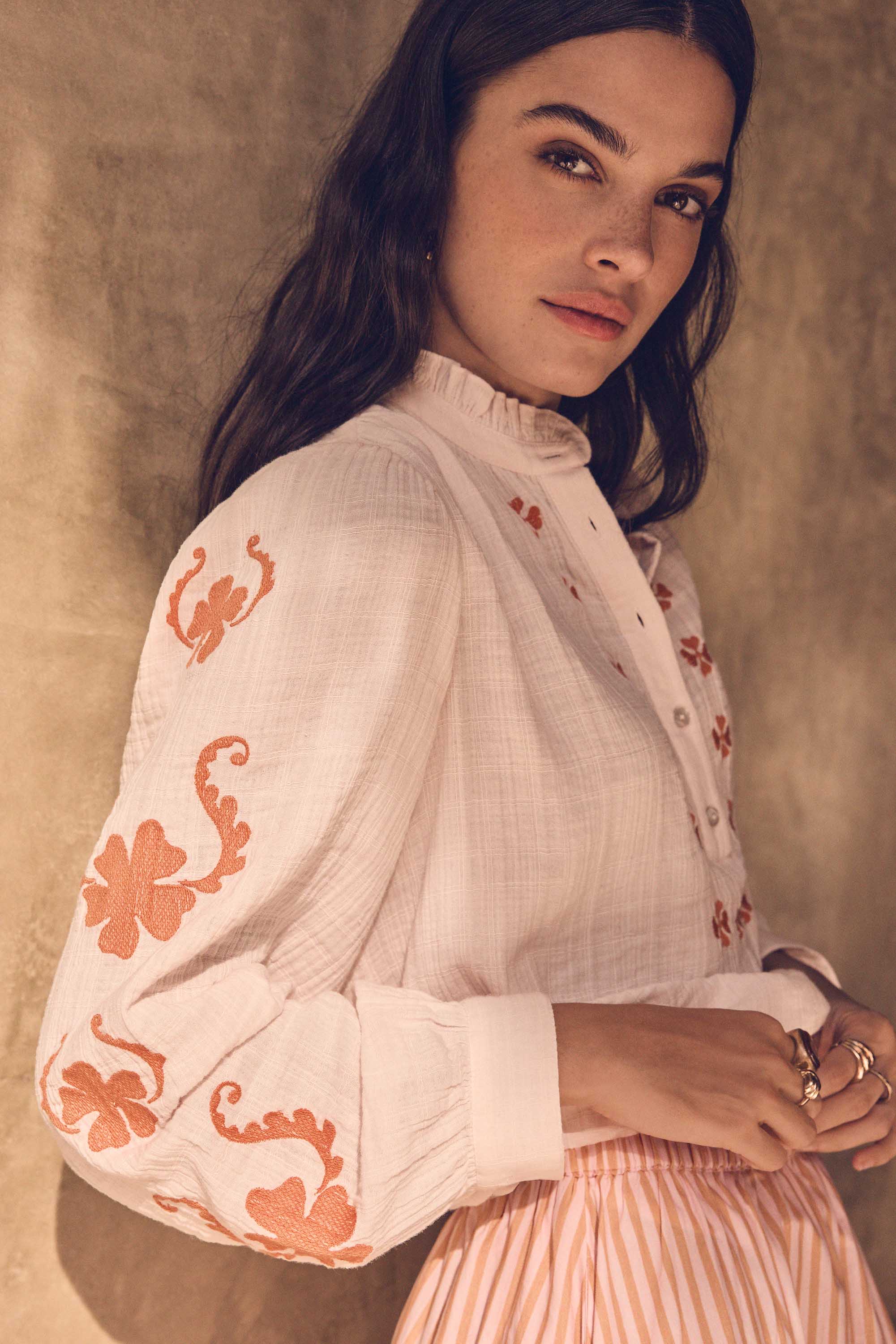 Embroidered long-sleeve cotton blouse DANTESSE woman | apricot