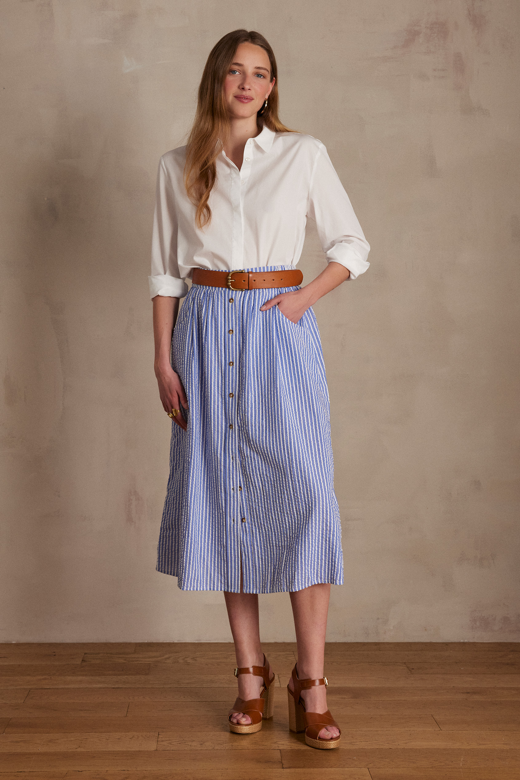 【threetimes】24SS Cotton stripe skirt ST24-
