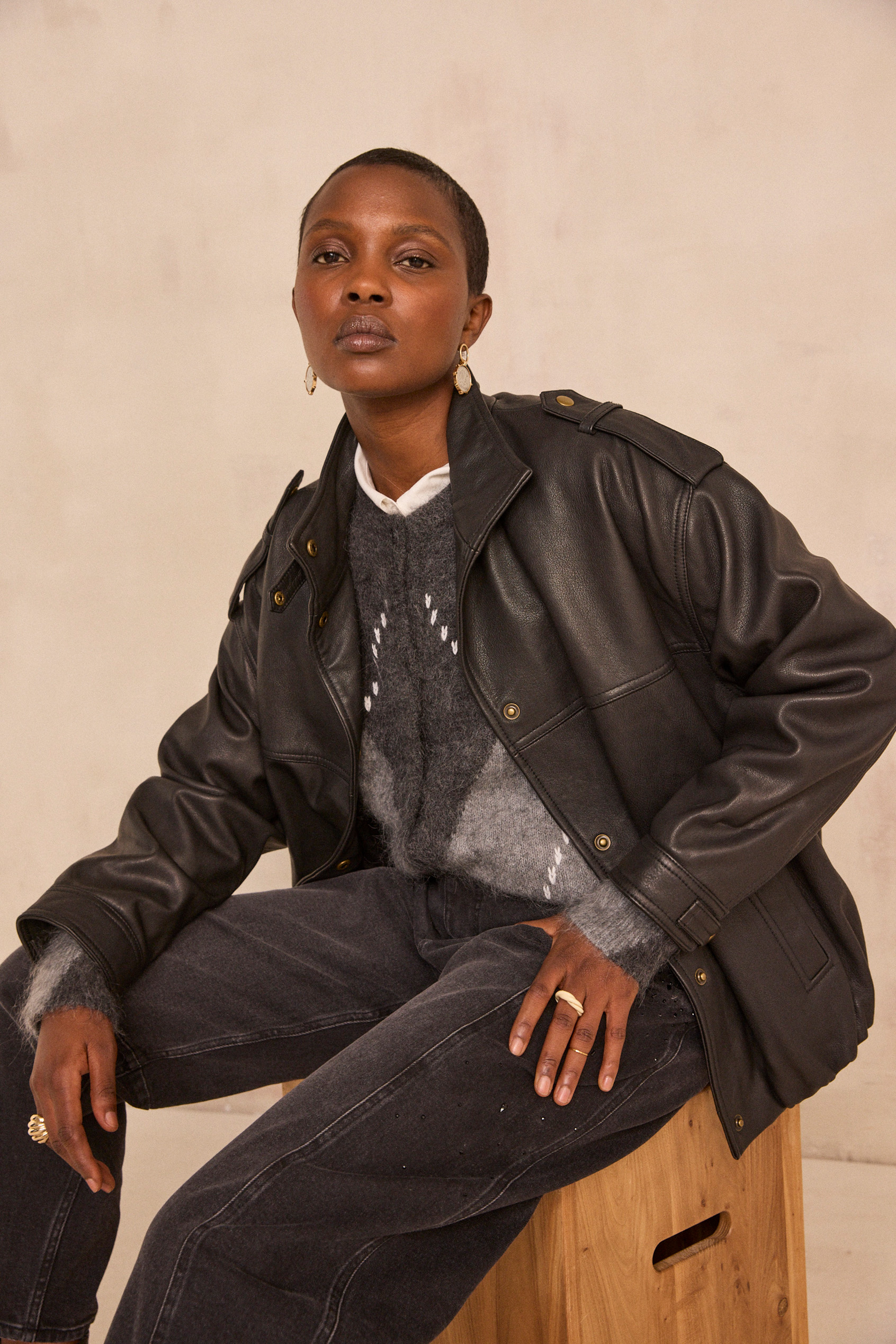 Oversized grain leather jacket OSCAR woman | BLACK | Maison 123