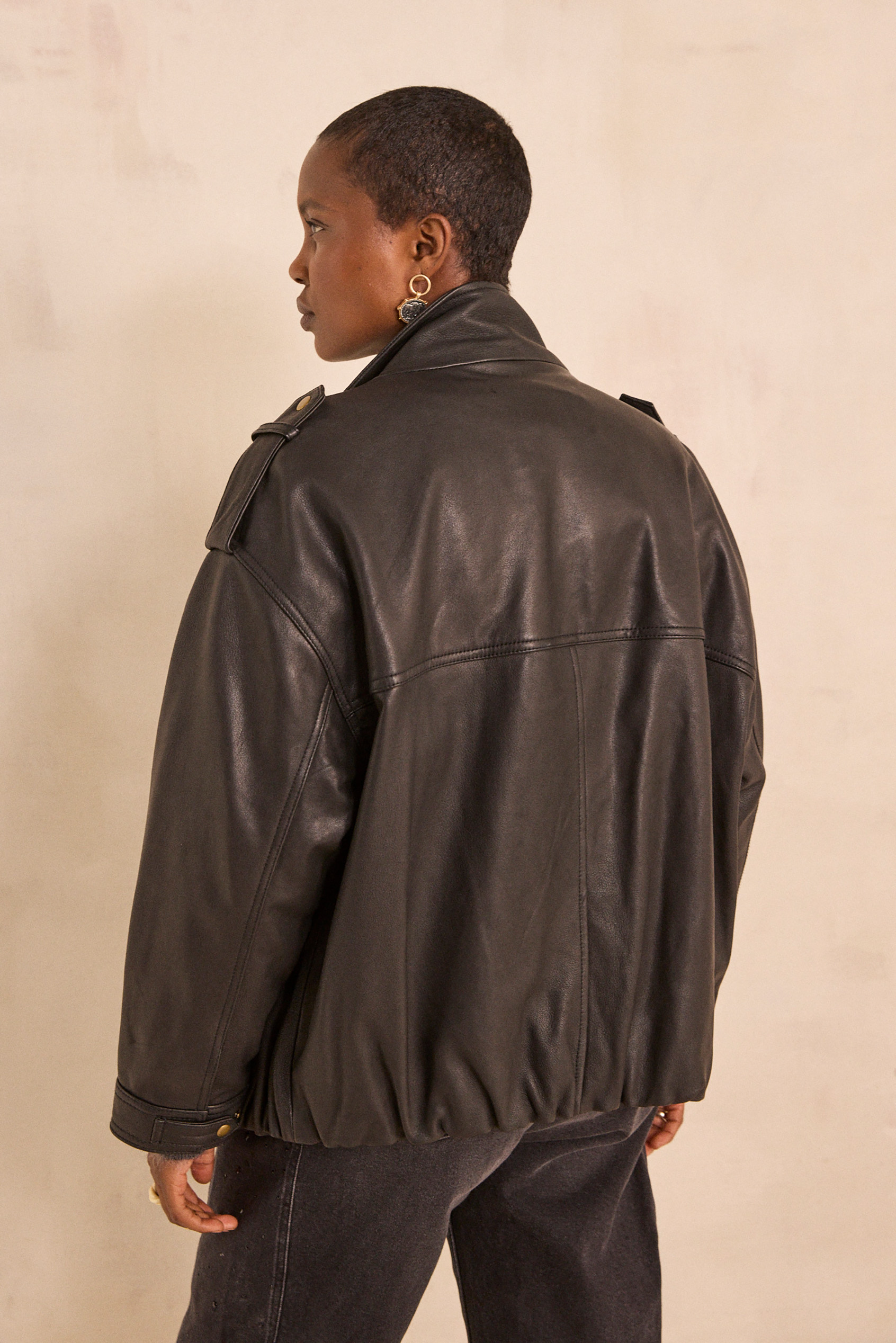 Oversized grain leather jacket OSCAR woman | BLACK | Maison 123