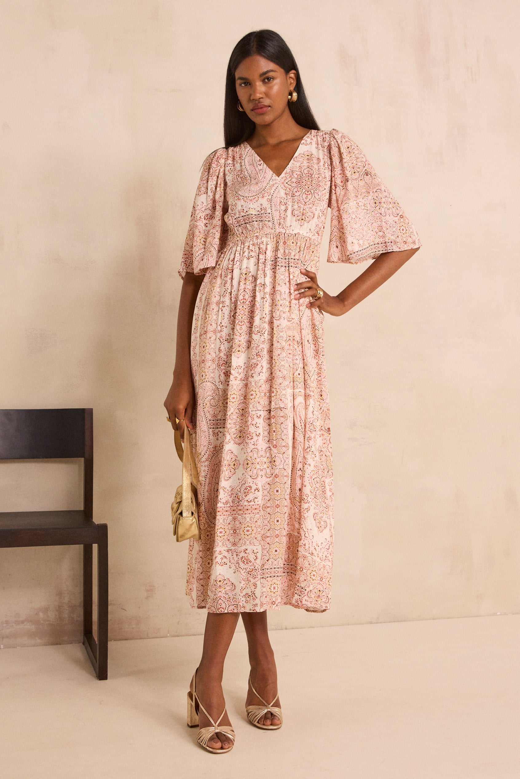 Flowy printed dress with long sleeves PERLA woman | DARK PINK