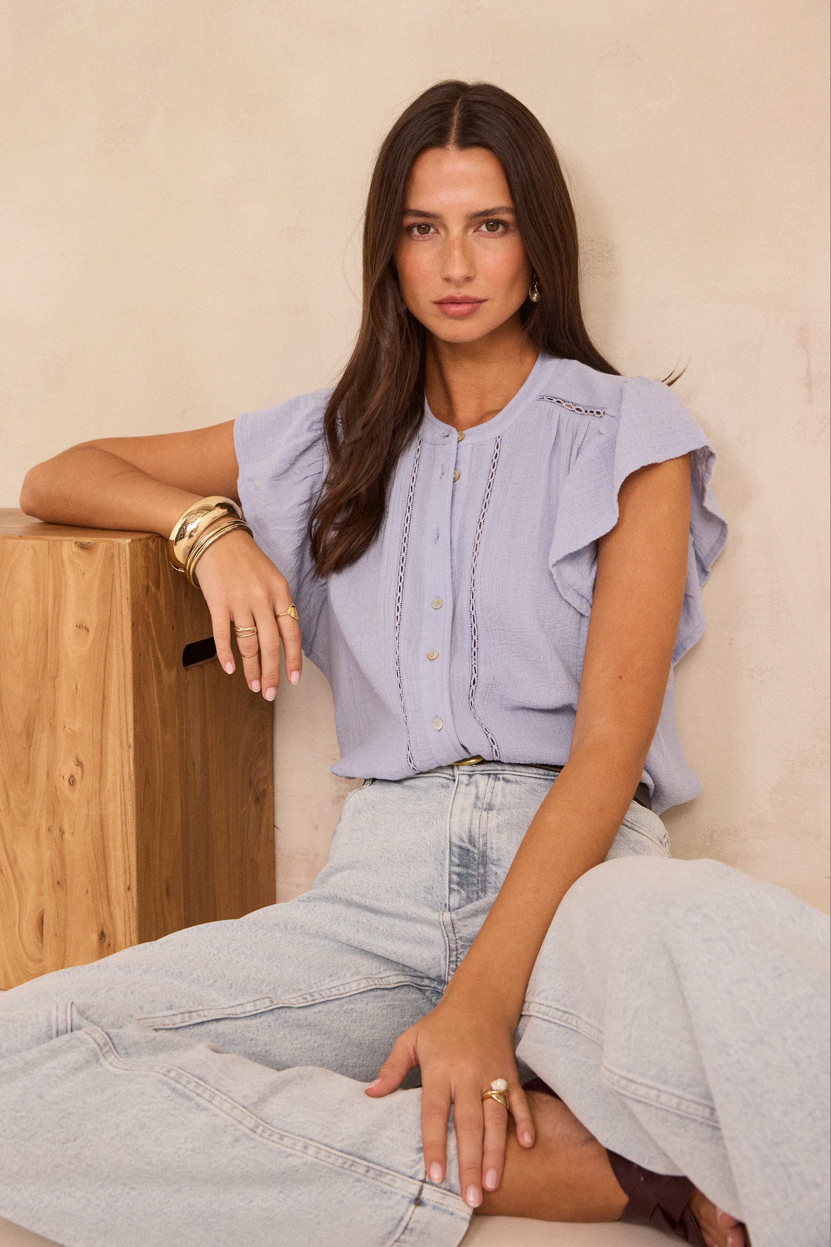 Short-sleeved cotton blouse DELHI woman | SKY BLUE | Maison 123