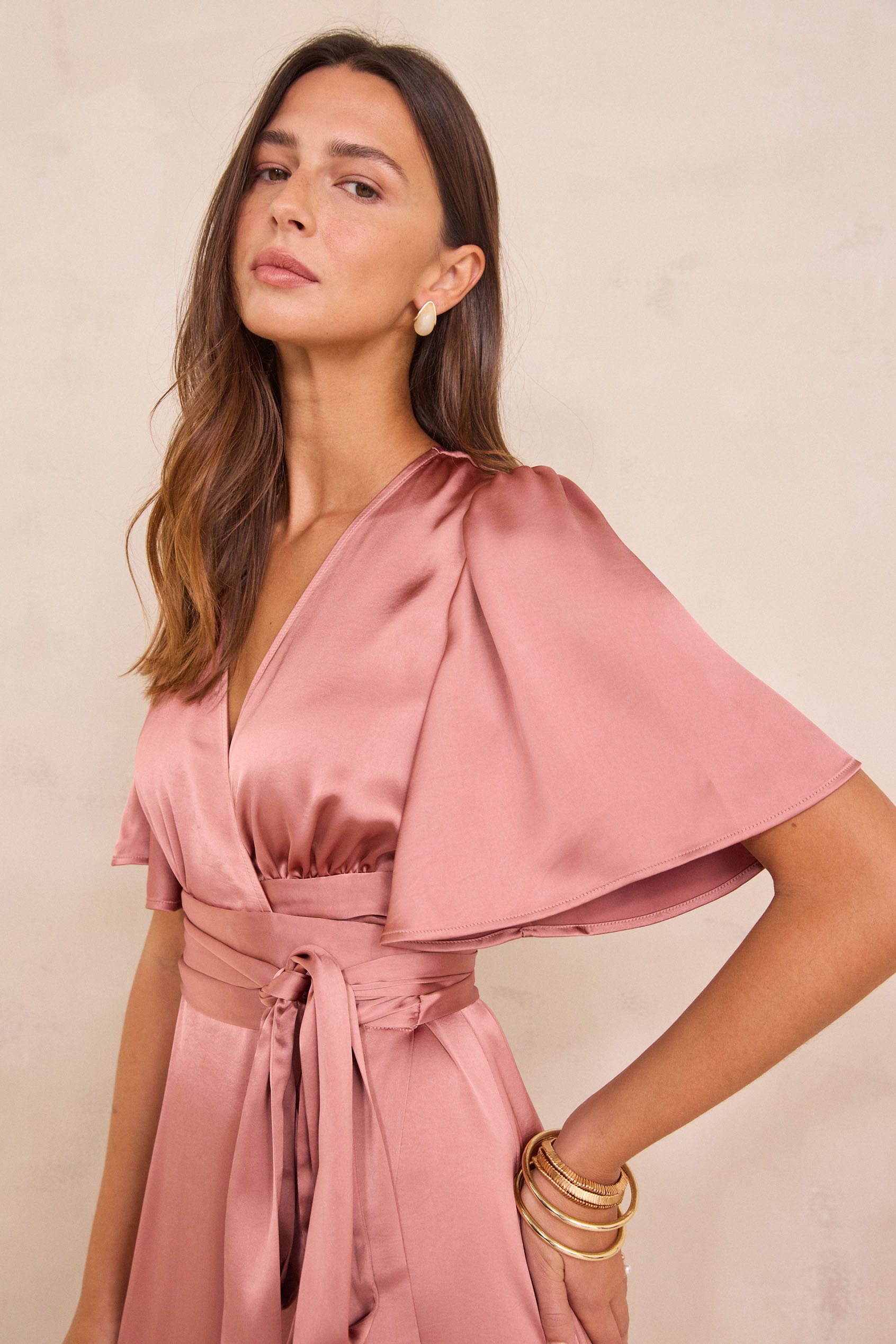 rose gold satin wrap dress Samantha Ruffle Wrap Dress ~ Rose Gold Luxe Satin 2X