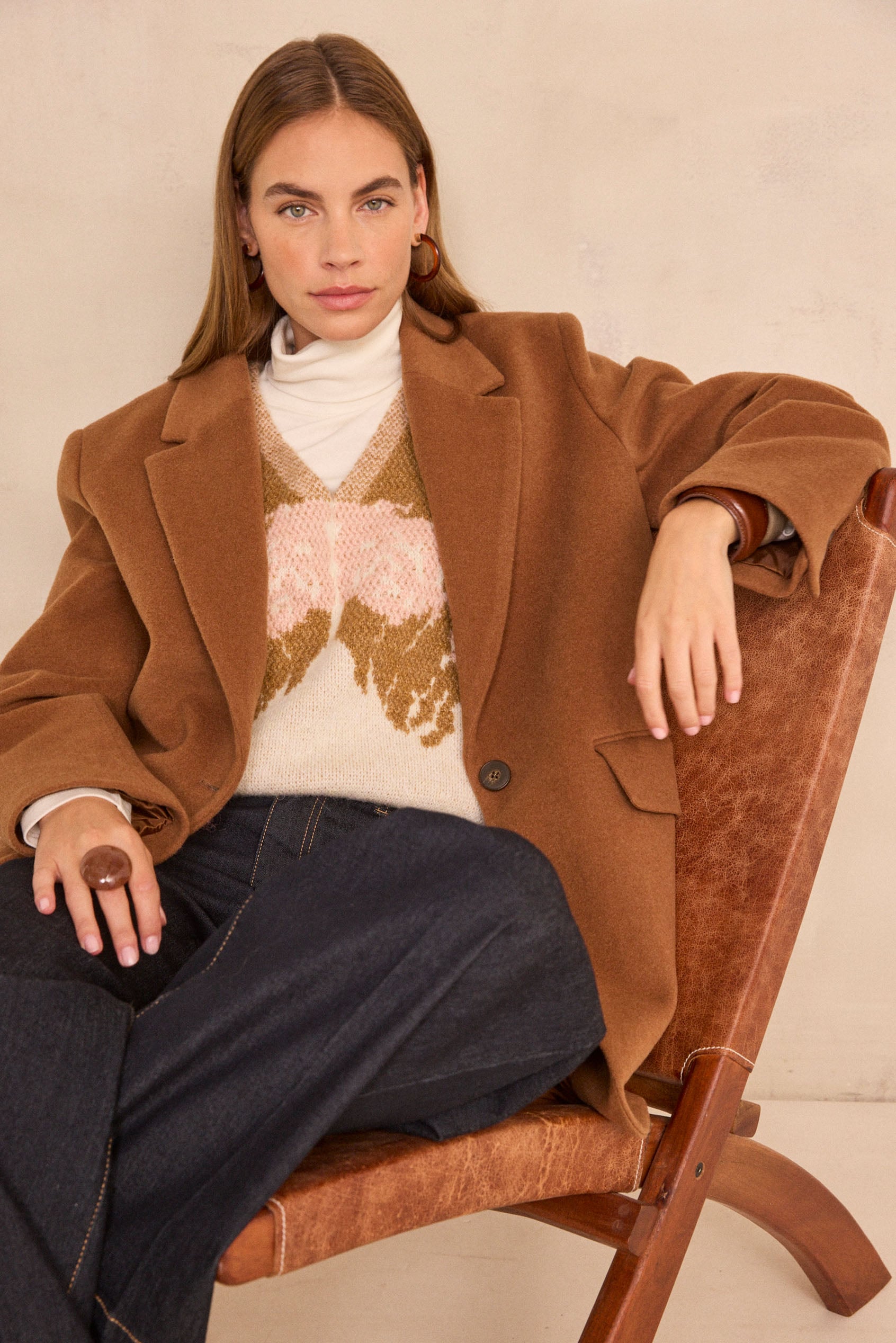 CALYPSO long sleeve wool coat woman | CAMEL FONCE | Maison 123