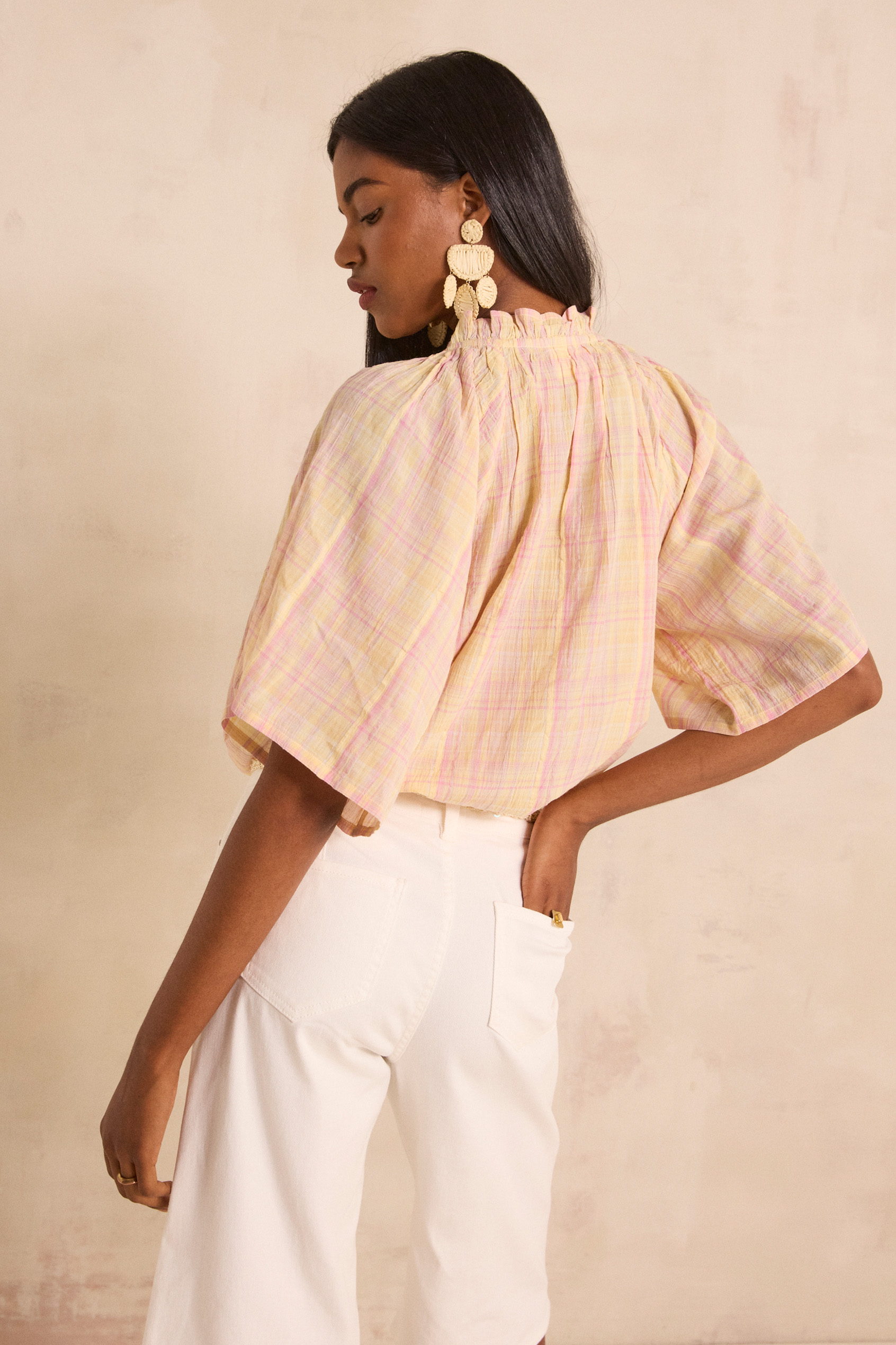 Short-sleeved checkered cotton blouse MADDY woman | BUT | Maison 123