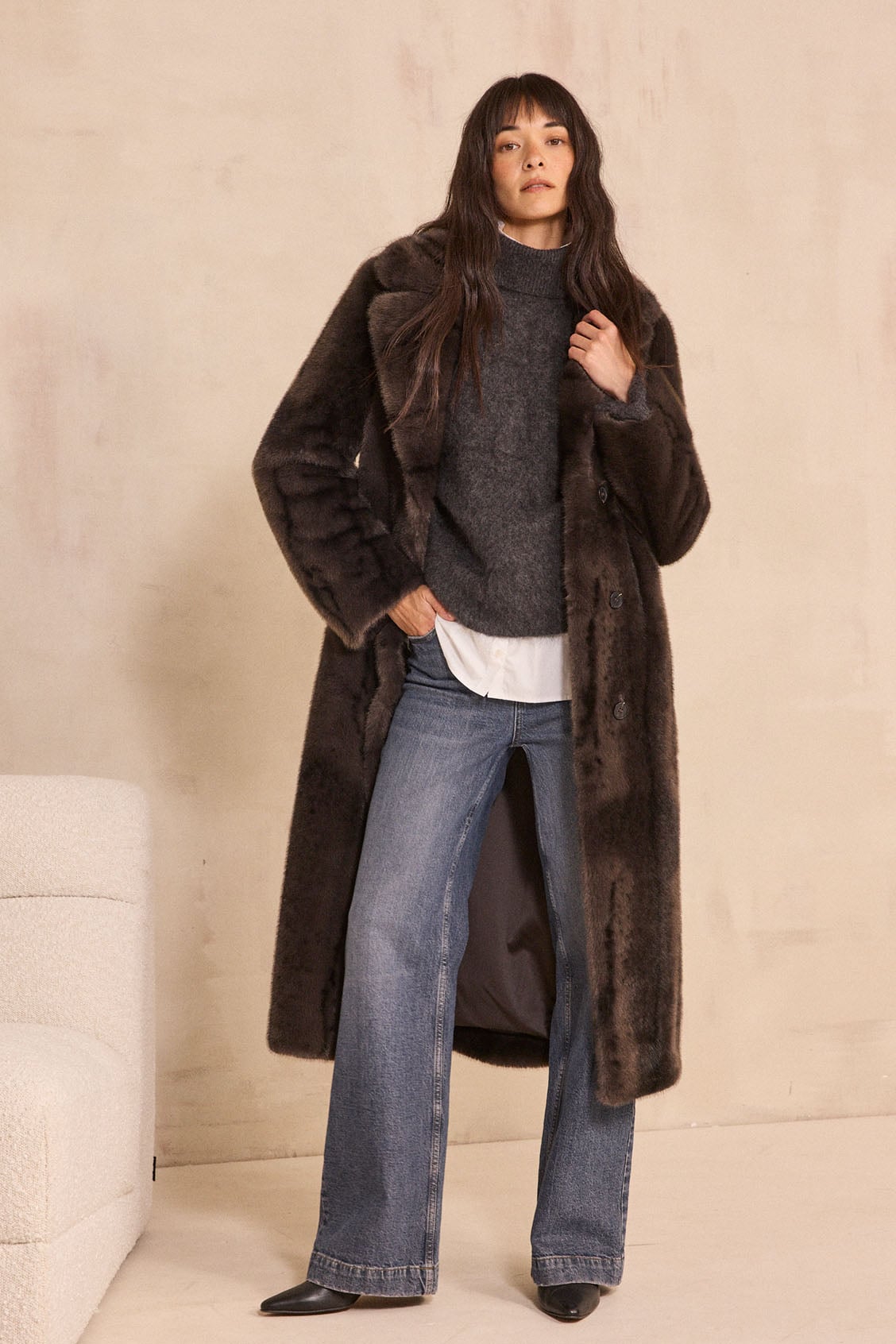 Long fur effect coat CLARISSE woman | ANTHRACITE | Maison 123