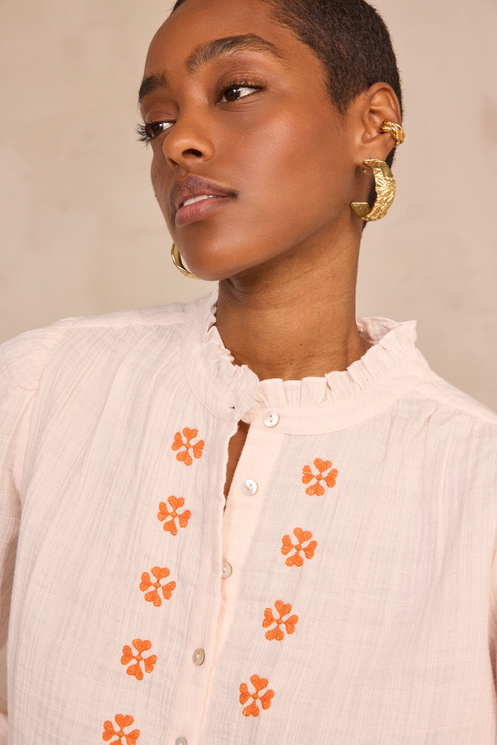 Embroidered long-sleeve cotton blouse DANTESSE woman | apricot