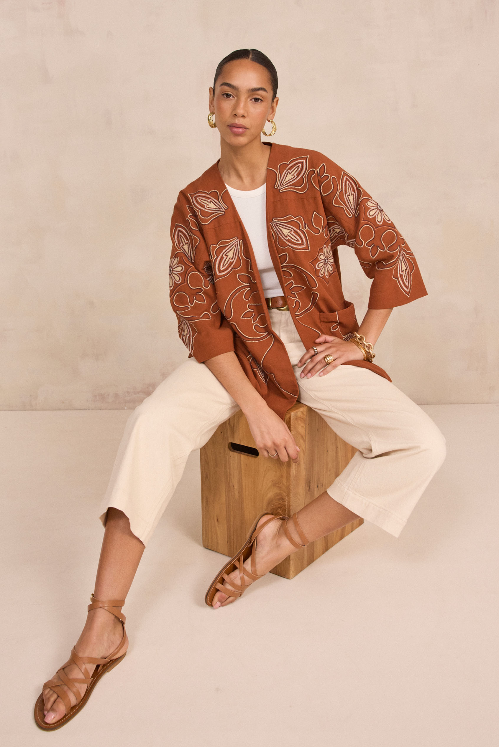 Embroidered 3/4 Sleeve Cotton Jacket VIRGINIA woman | TOFFEE