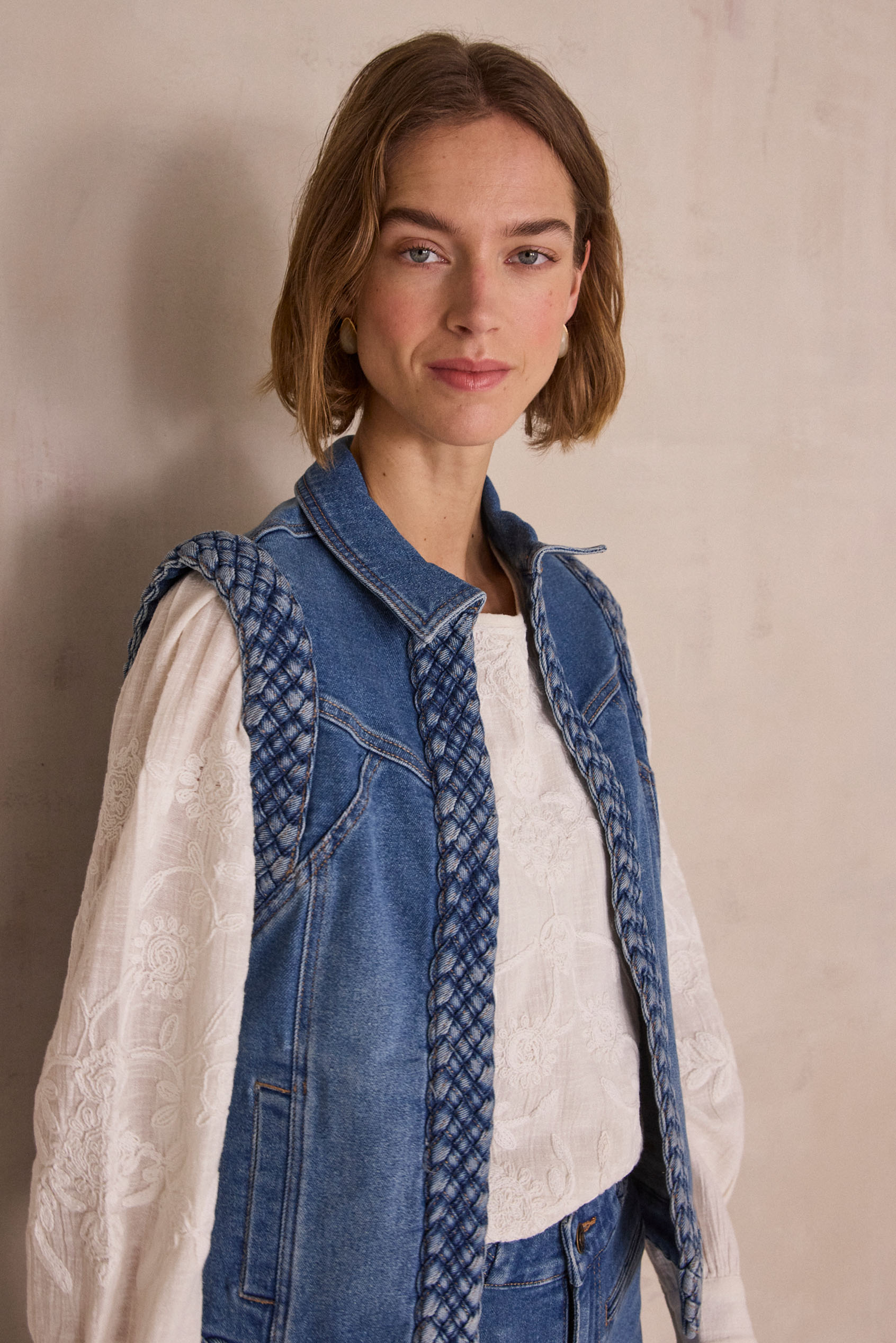 Sleeveless jacket with braided details VANESSA woman | NATURAL