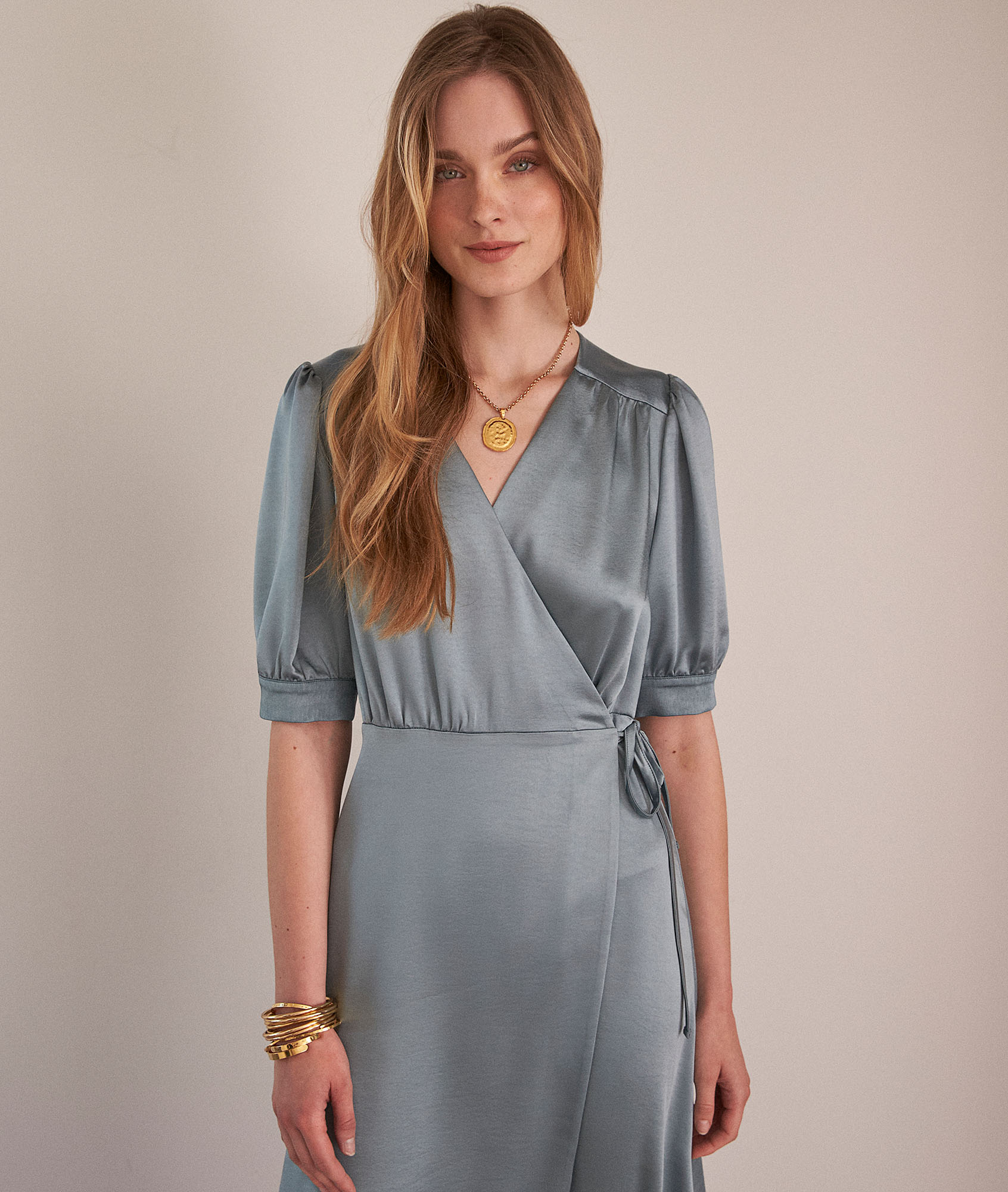 Heve blue satin wrap-over maxi dress woman | JADE | Maison 123