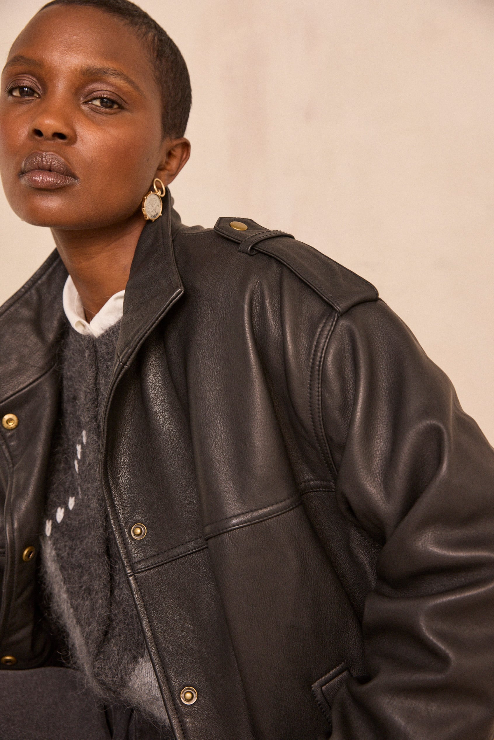 Oversized grain leather jacket OSCAR woman | BLACK | Maison 123