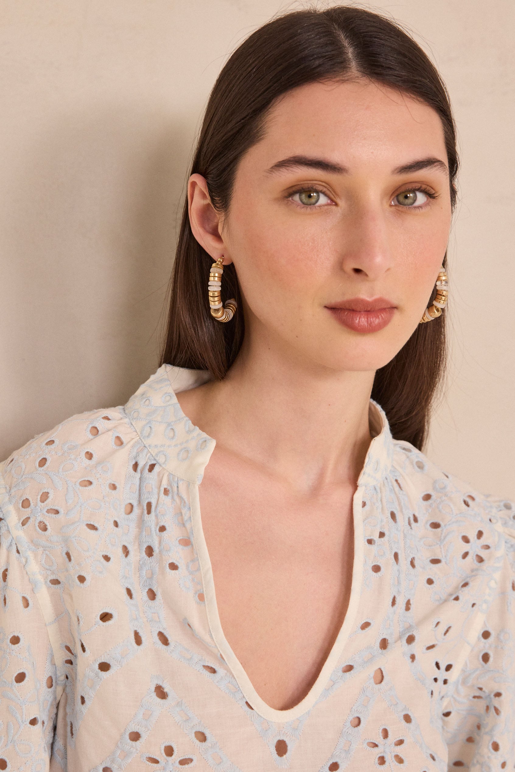 Embroidered wide sleeve cotton blouse DESILIA woman | GLACIER