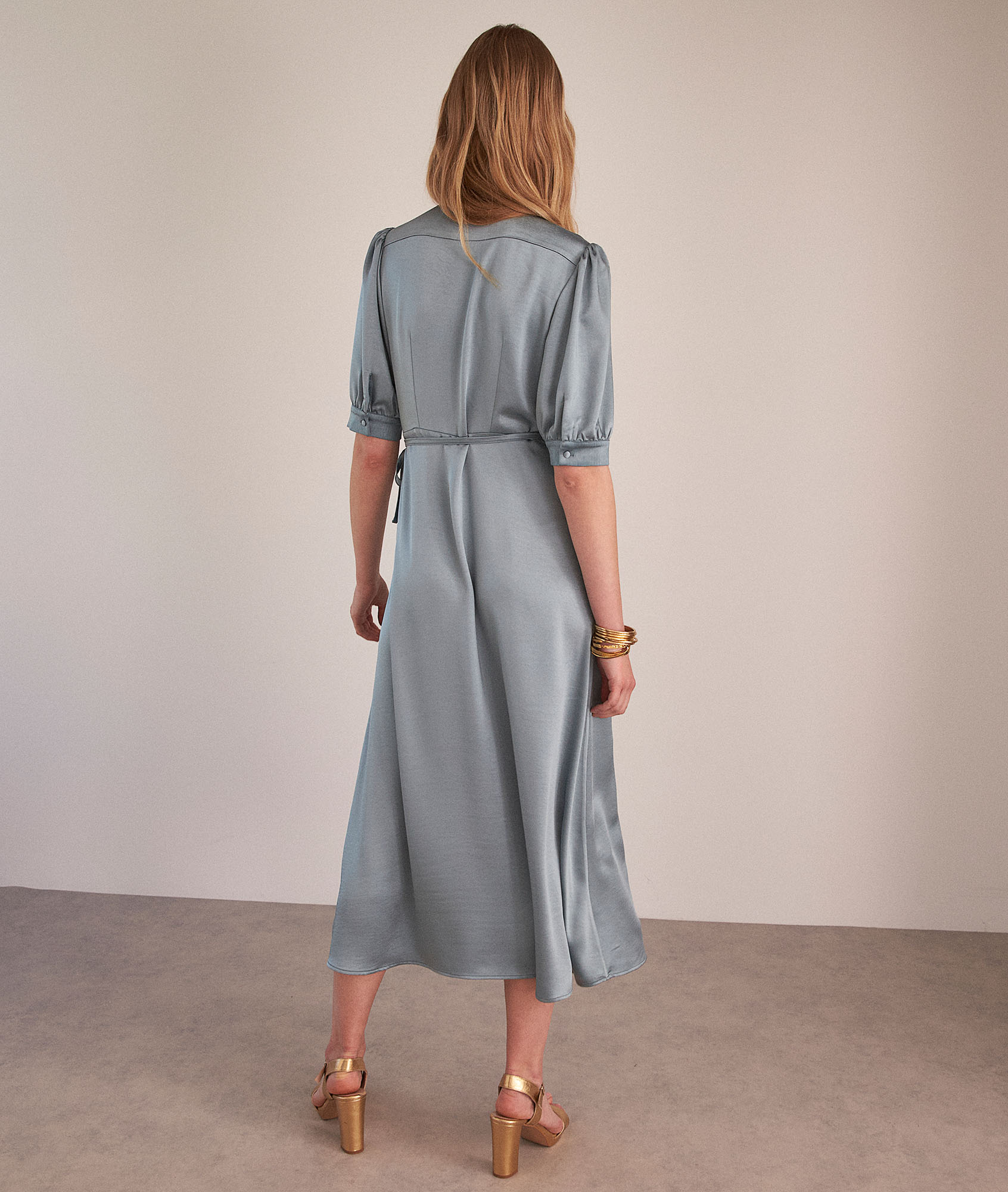Heve blue satin wrap-over maxi dress woman | JADE | Maison 123