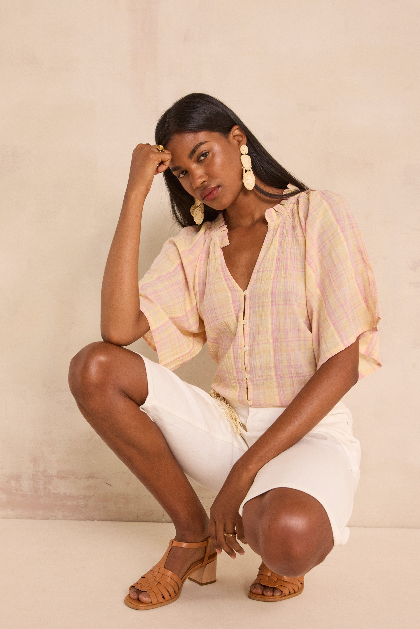 Short-sleeved checkered cotton blouse MADDY woman | BUT | Maison 123